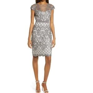 Tadashi Shoji Lace Sequin Cocktail Tea Party Gown size 8 Mist Gray NEW